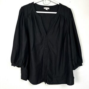 Knox Rose Blouse Womens XXL Black Boho V-Neck 3/4 Puff Sleeve Button Front Top